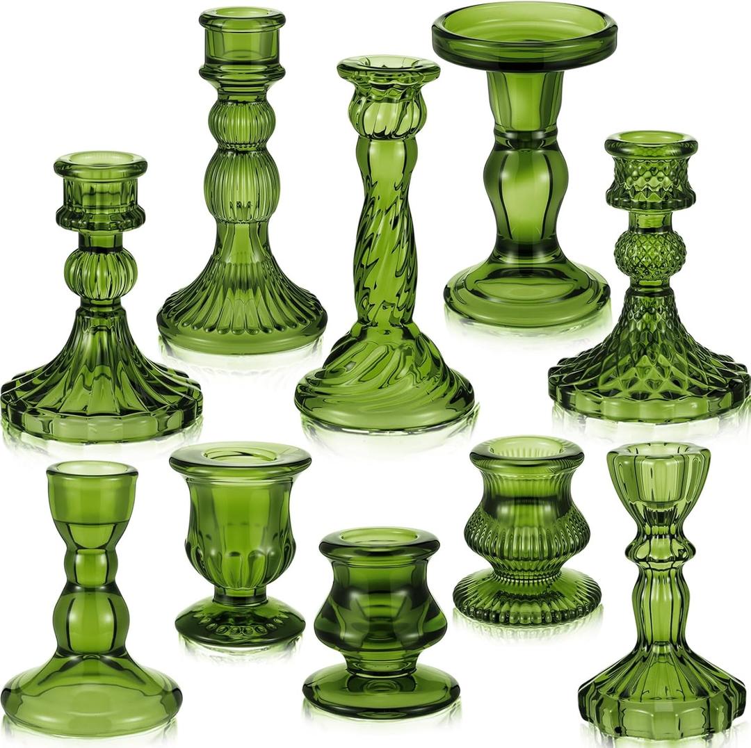 Mumufy 10 Pcs Glass Crystal Taper Candle Holders Clear Glass Candlestick Holder Fit 0.8 Inch Candles Crystal Decorative Candle Stand Centerpiece Table Wedding Dining Party (Classic,Green)