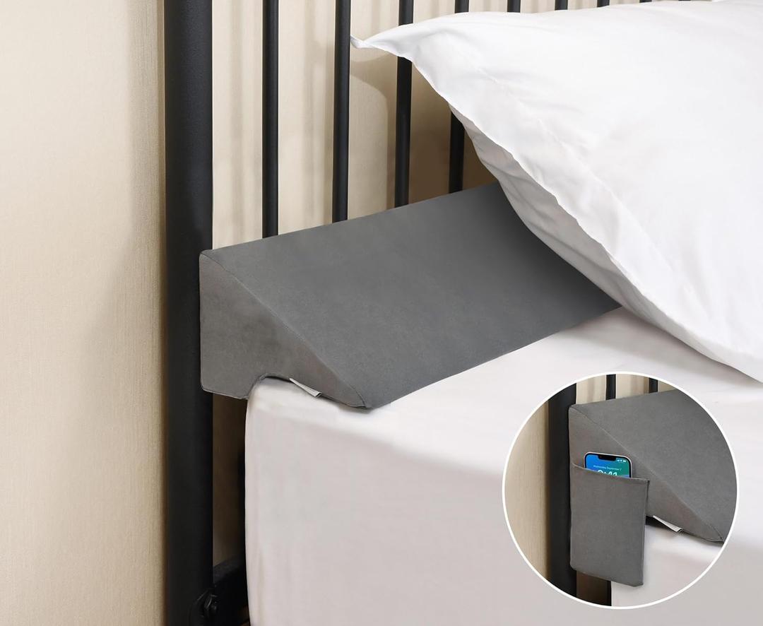Vekkia Queen Bed Wedge Pillow for Headboard Gap Filler(0-3.5"),High-Density Foam,Prevents Pillows & Items Loss,Ergonomic Design,Large Storage Pockets,Removable&Washable Cover,Gray,60"x7"x5"