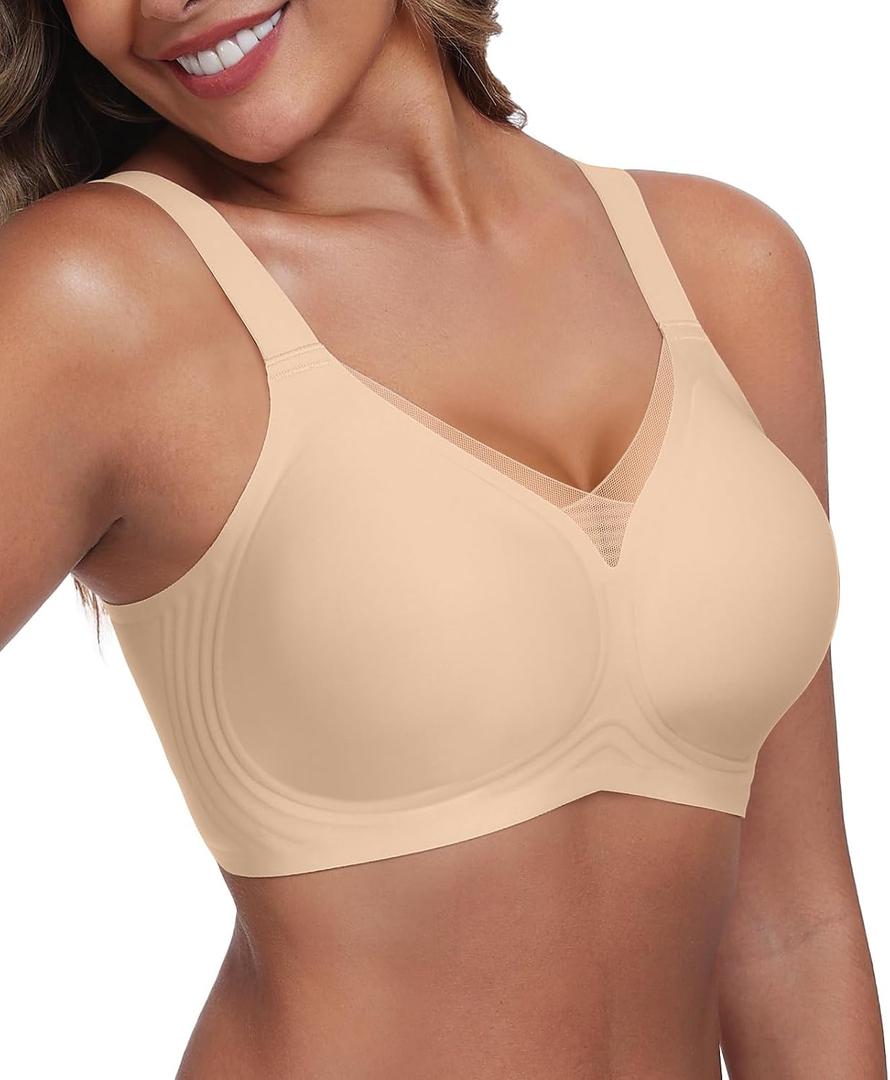 Women's Wireless Bras Full Coverage V Mesh Padded Bralette No Underwire Seamless Comfortable Everyday Bra (Beige, L)