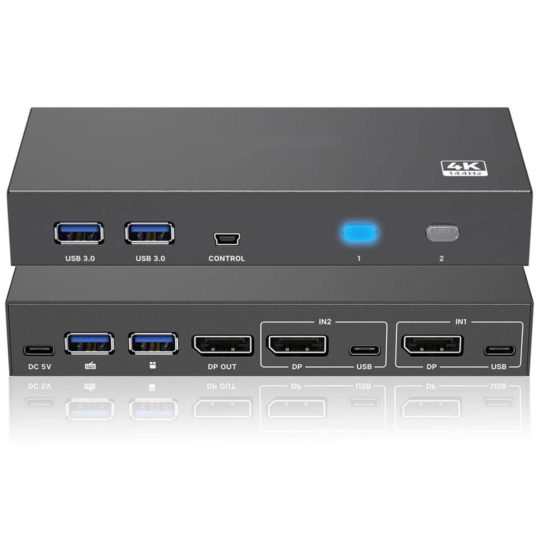 DisplayPort USB 3.0 KVM Switch 1 Monitor 2 Computers 8K@60Hz 4K@144Hz KVM Switcher 2 in 1 Out with 4 USB-A, 2 USB-C, Wired Controller for Laptop, Desktop