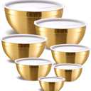 Gold Mixing Bowls with Airtight Lids, Stainless Steel Nesting Mixing Bowls Set of 7, Ideal for Baking, Prepping and Serving Food, Size 7, 3.6, 2.7, 2.1, 1.5, 1.1,0.8 QT, Stackable Design