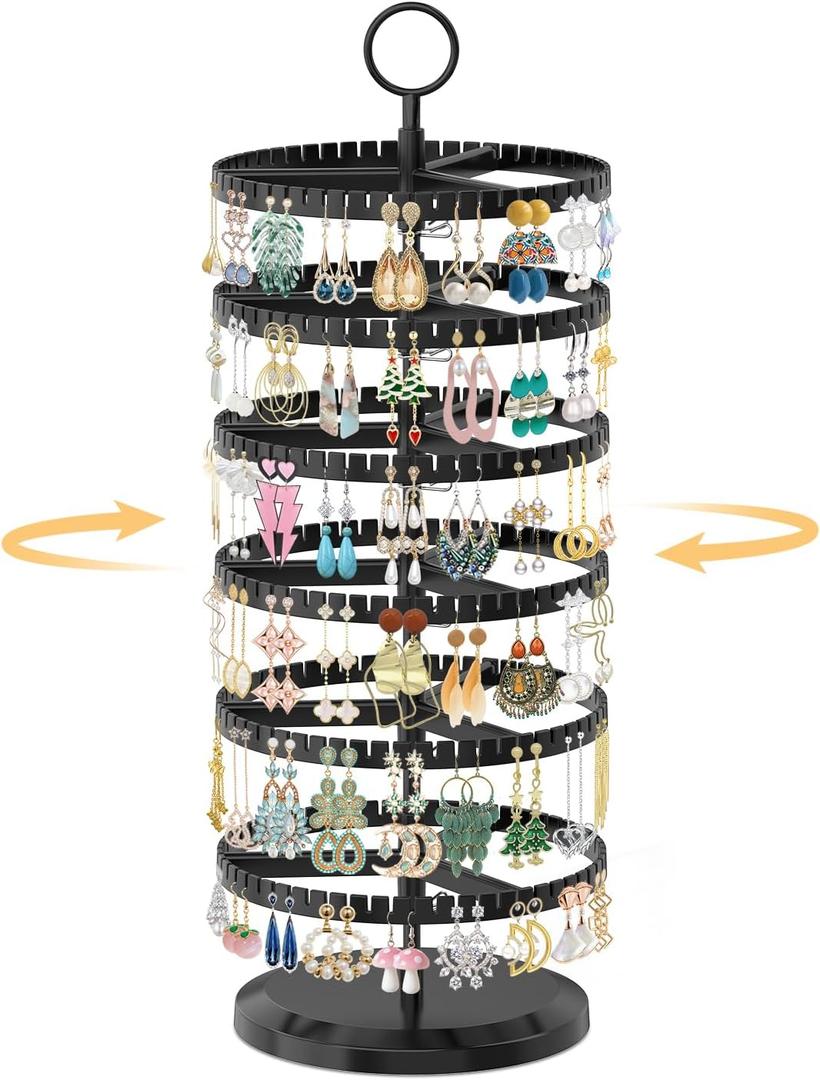 EsLuker.ly Earring Holder Organizer Rotating Stud Display Tree Rack with 342 U-Slots for Women Girls, Large Adjustable 6 Tier Plastic Storage Stand with Metal Tray for Pierced Hoop Post Earring, Black