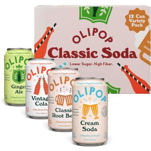 /26OLIPOP Prebiotic Soda Pop, Classic Soda Variety, Pantry Pack Packed with Prebiotics, Fiber, and Botanicals, Gluten Free, Vegan, GMO Free, 12oz (12-Cans) BB Date: 07/31/26