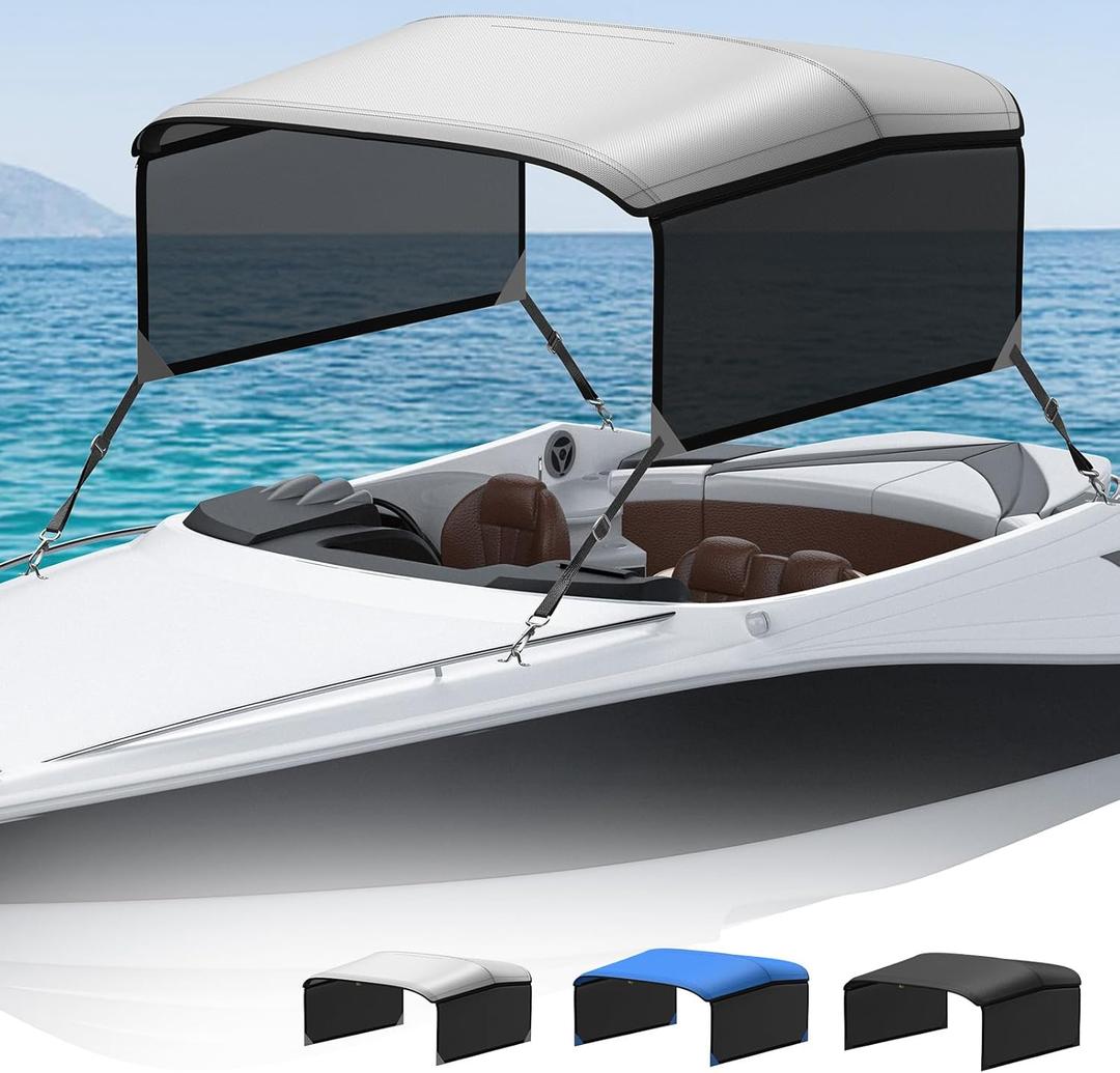 KAKIT 3 4 Bow Bimini Top Replacement Cover, 900D Oxford Bimini Tops for Boats with 2 Mesh Sidewalls, 2 Straps and Storage Boot Easy Install Zipper Closure, Replacement Boat Canopy Sun Shade No Frame (Gray)