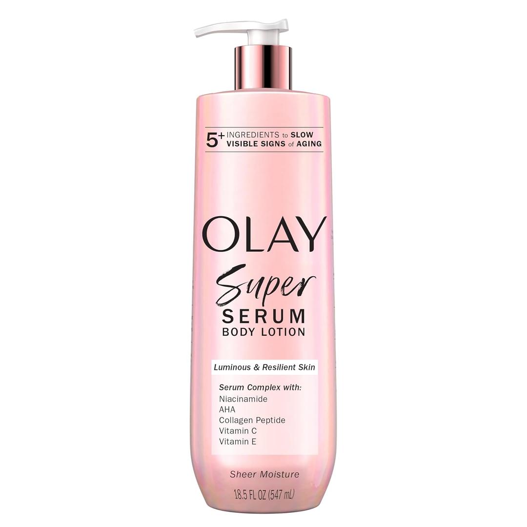 Olay Super Serum Hand & Body Lotion for Dry Skin, 24hr Long Lasting Hydration, 5+ Ingredient Complex for Bright Even Firm Luminous Skin, Sweet Vanilla & Soft Wood Scent, 18.5 fl oz