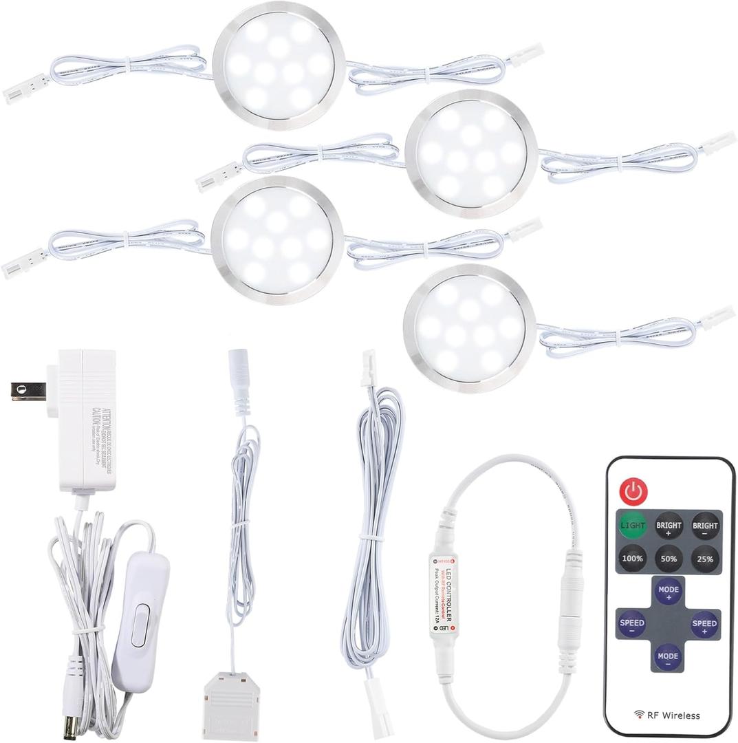 LED Closet Lights Kit, Linkable Wired Puck Light, Wireless Remote Control Dimmable, 110V to 12V Wall Plug in Small Round Kitchen Under Cabinet Lighting Fixture, 4 Lights, Cool White