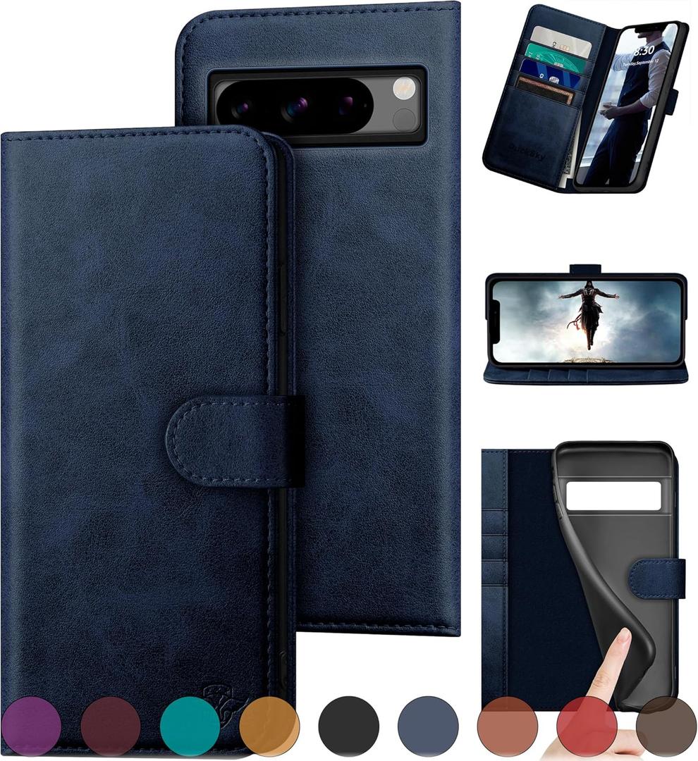 for Google Pixel 8 Pro Genuine Leather Wallet case RFID Blocking4 Credit Card HolderReal Leather Flip Folio Book Phone case Protective Cover Women Men for Pixel 8Pro case Dark Blue