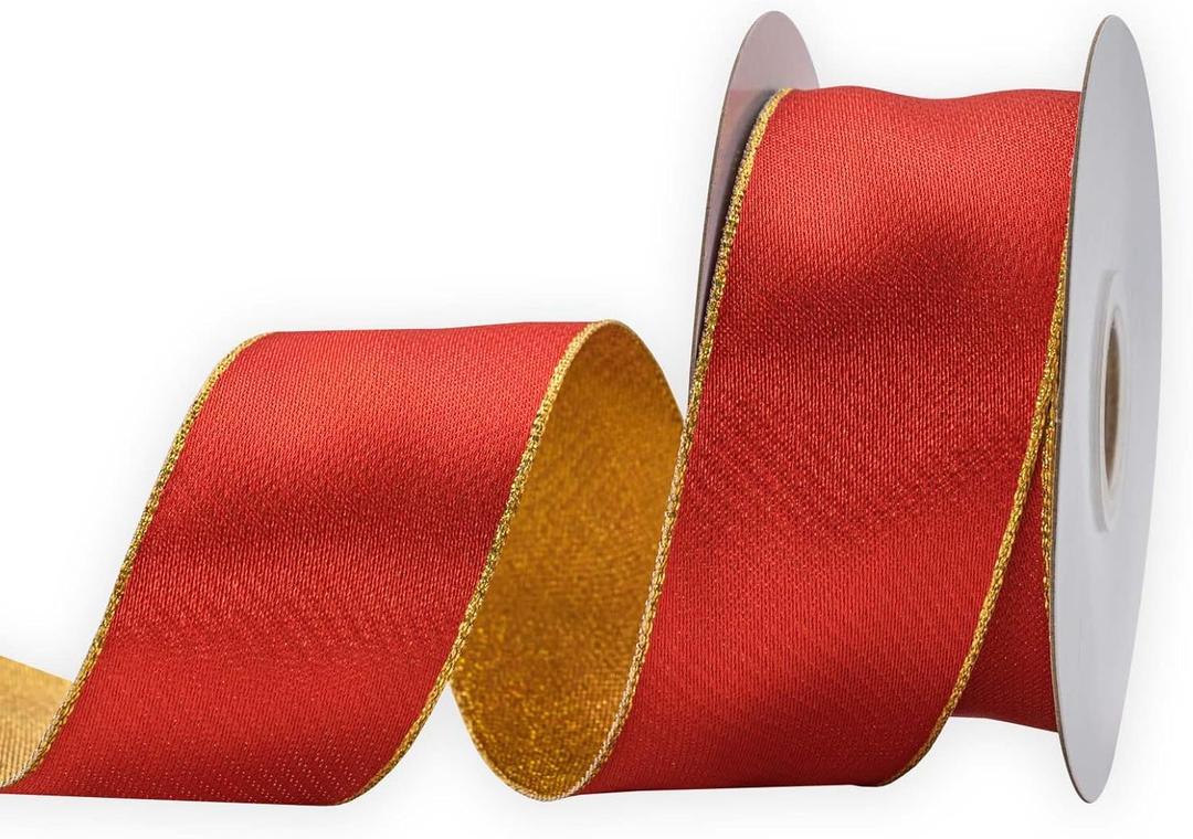 Christmas Wired Ribbon Red Gold Lame,1-1/2 Inch,10 Yards Spool,Use for Wreaths Tree Topper Accent Bows Crafts Gift Wrap Holiday Decoration (L5003)