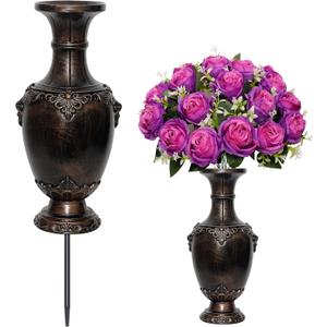 Memorial Grave Vase with Ground Spikes,Cemetery Vase, Headstones Flower Holder, Vases for Artificial Flowers for Grave Markers Cemetery Decorations (1, Bronze)