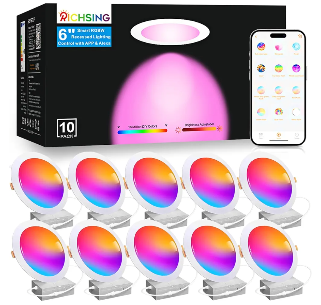 10 Pack 6 Inch LED Recessed Light 16W RGBCW Recessed Ceiling Lights Dimmable by Alexa & APP, 2700K-6000K 1350LM Recessed Lighting with Junction Box,16 Million Colors, DIY Scenes, 23 Modes