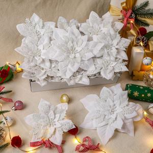 24 Pcs 6"&9" Large Size Poinsettia Artificial Christmas Flowers Decorations for Christmas Tree, Boxed Christmas Ornaments Flowers Glitter Picks for Xmas New Year Decor with Clips&SticksWhite