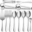 12 PCS Stainless Steel Serving Utensils, Large Spoons Slotted Spoons Forks Tongs, Ice Suger Tongs, Pie Server, Butter Knife, Coffee Spoons, Great for Buffet Catering Banquet Party, Silver