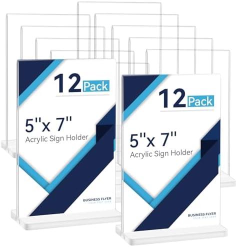 Smarpau 5x7 Acrylic Sign Holder, 12 Pack Double Sided Clear Display Stands, Vertical Table Number Holders, Plastic Picture Frames, Flyer Menu Brochure Sign Holder for Office, Show Fair, Restaurants