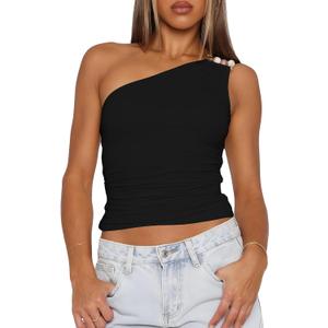 BAIGRAM Women Sleeveless Y2K Beaded Buckle One Shoulder Crop Tank Tops Asymmetric Ruched Slim Fit Summer Boho Going Out Tops Black (L)
