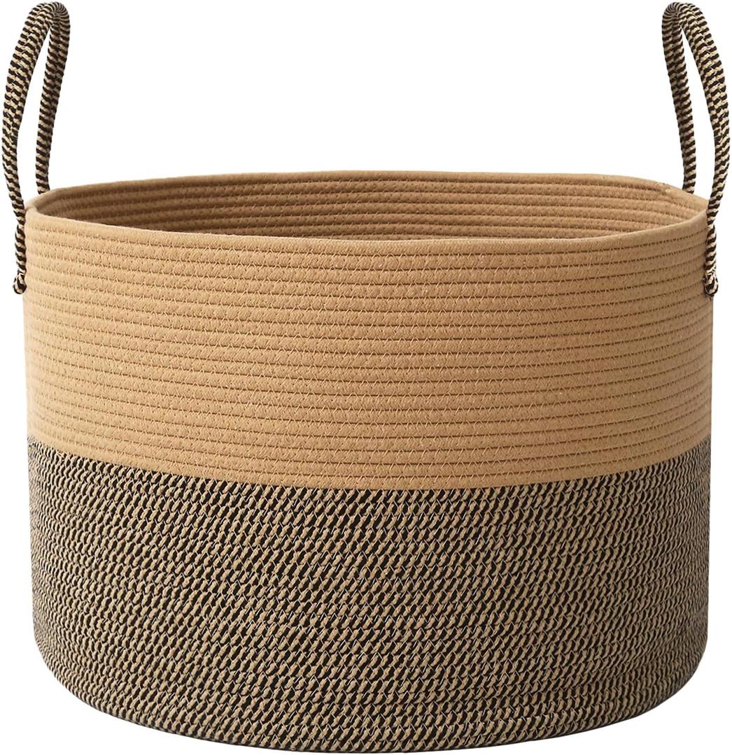 JMvicyroam 65L Extra Large Blanket Basket for Living Room - Woven Cotton Rope Laundry Hamper with Reinforced Handles - Storage Bin for Pillows, Comforters & Toys - Machine Washable,Jute&Black