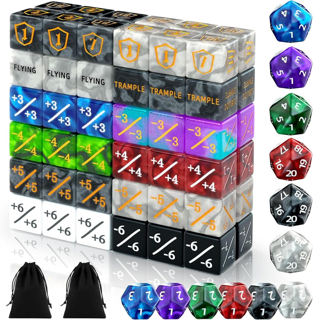  MTG Dice Set with Life Counters, Keyword Ability Tokens, Shield & Spindown 12 Colors for Magic: The Gathering, TCG, Cards Gaming Accessories