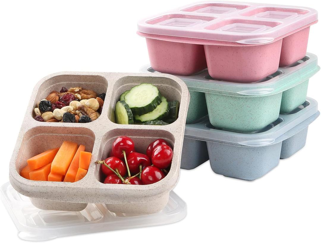 4 Pack Snack Containers, 4 Compartments Bento Snack Box, Reusable Meal Prep Lunch Containers for Kids Adults, Divided Food Storage Containers for School Work Travel (4 Compartments Snack Containers)