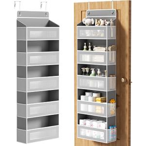 Over The Door Organizer, Over the Door Storage with 5 Large 10 Side Pockets, Hanging Door Organizer 44 lb Load Behind Door Storage, Hanging Shelf for Closet Wall Bedroom Bathroom Nursery, 5-Tier Grey