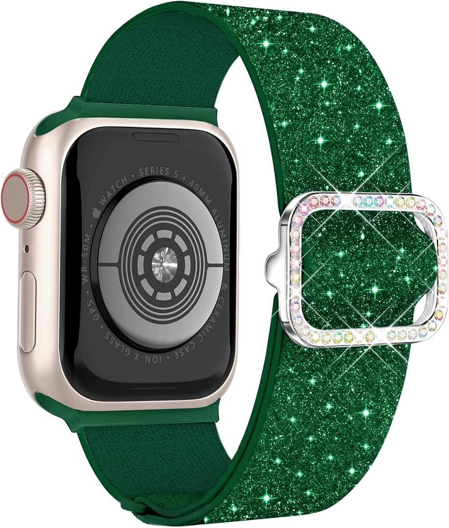 Wipalor Sparkly Stretchy Nylon St Patricks Day Clover Band Fit Bling Apple Watch Bands for Women, Glitter Clover iWatch, Size: 46mm/44mm/45mm/49mm/(42mm-Series3/2/1), Ultra-St Patricks Green