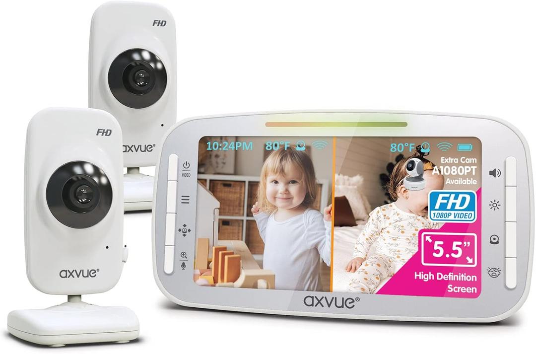 Video Baby Monitor,1080P Full HD Ultra clear image quality,5.5" IPS Screen Monitor & 2 Camera, Range up to 1000ft,24h Battery Life, 2-Way Talk,Split Screen,Night Vision,Temperature Monitor,No WiFi.