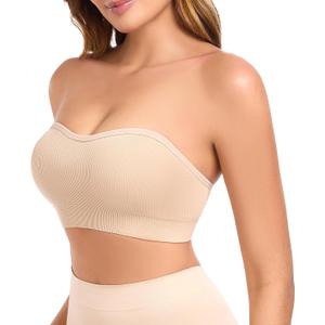 Strapless Bras for Women Non-Slip Padded Bandeau Bra Wireless Tube Top Bra Including Clear Straps (Beige, L)