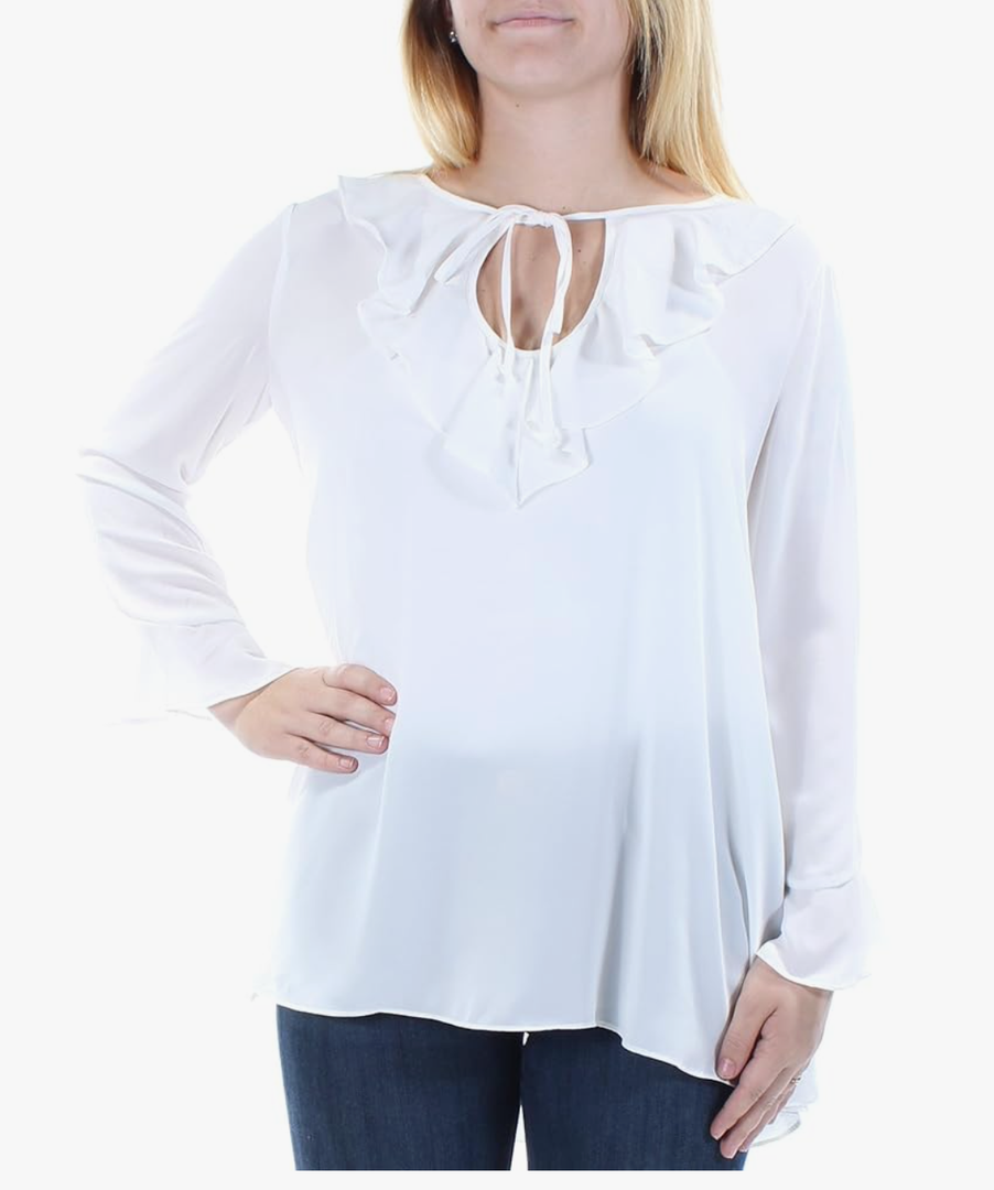 Max Studio London Ruffled Three Quarter Sleeve Blouse White, Size M