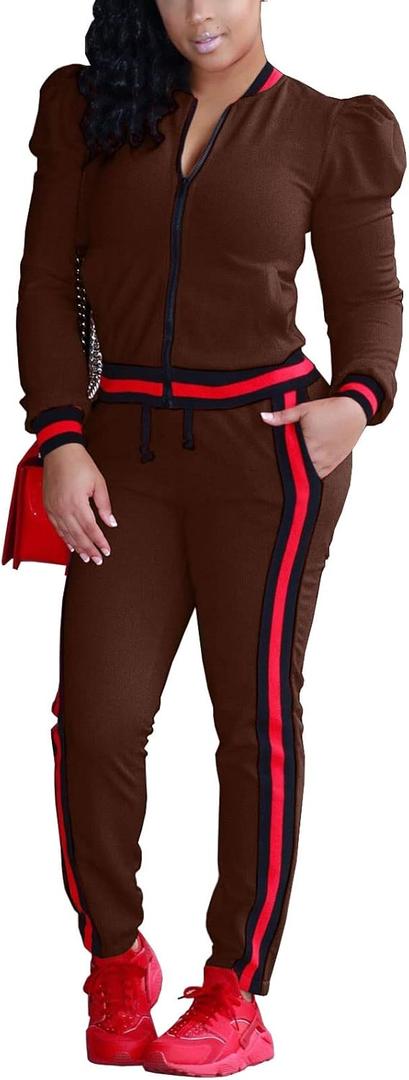 Akmipoem Women's 2 Pieces Outfits Long Sleeve Zipper Jacket and Pants Set Tracksuits (Medium, Brown)