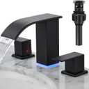 Bathroom Faucets 8 Inch Widespread Bathroom Sink Two Handles Matte Black Modern 3 Hole Waterfall Vanity Sink Faucet for 3 Hole with LED Light with Pop Up Drain