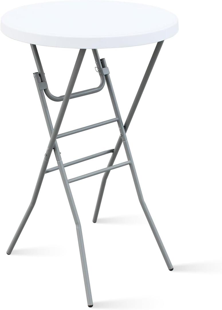 28 Round Folding Bar Table, High Top Cocktail Table with Locking Mechanism, HDPE Waterproof Stain-Resistant Top, Indoor Outdoor Patio Garden Party, White, 1 PCS
