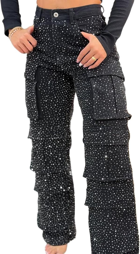 Womens High Waisted Rhinestone Jeans Black Straight Chic Baggy Wide Leg Bling Denim Pants Loose Fit Pearl Jeans, Large