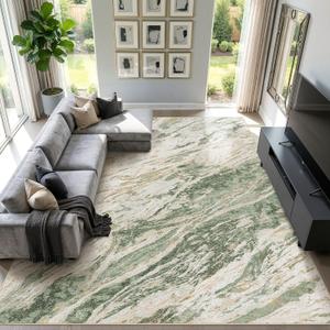 Area Rugs for Living Room: 9X12 Abstract Washable Rug Modern Neutral Large Soft Stain Resistant Non-Slip for Bedroom Dining Room Indoor Home Office Carpet - Green Brown
