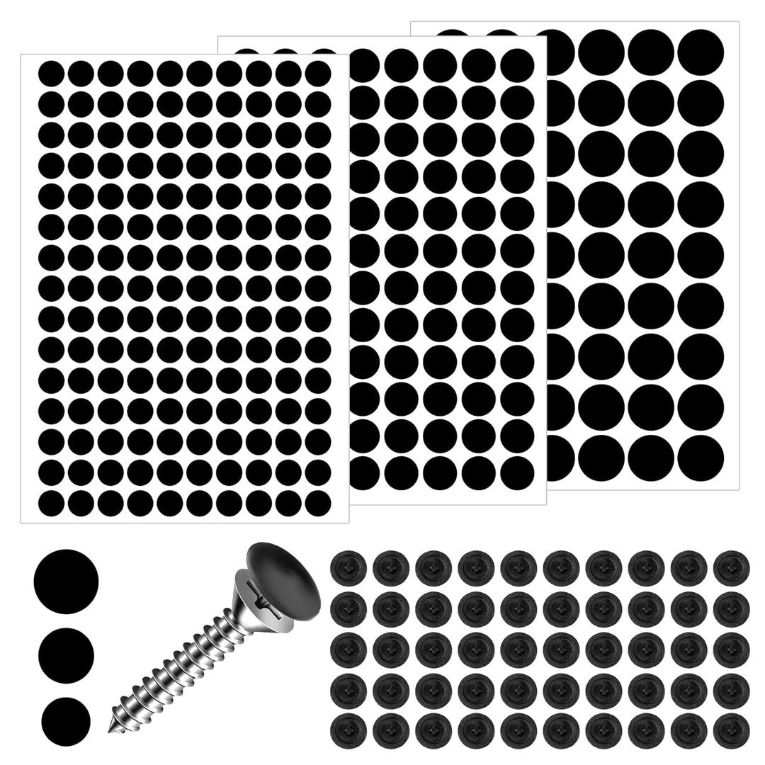 340Pcs Screw Covers Black Self-Adhesive Screw Covers Caps 290pcs Screws Hole Sticker & 50pcs Plastic Furniture Hole Cap Sticky Decals Self Tapping for Various Furniture Cabinet 12mm 15mm 21mm