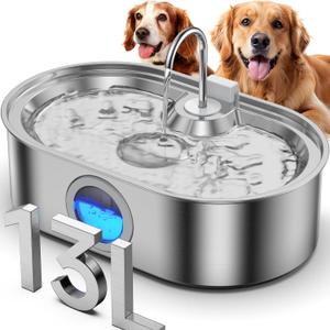 3.4Gal Dog Water Fountain for Large Dogs, 13L Stainless Steel Large Pet Fountain with Deeper & Wider Drinking Area, Automatic Dog Water Bowl Dispenser with Water Window