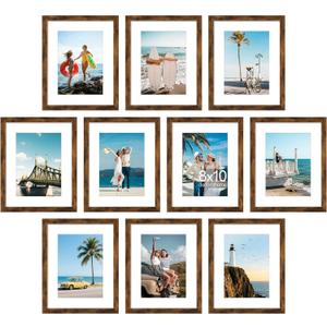 decorUhome 8x10 Picture Frame Set of 10, Display Photos 5x7 with Mat or 8x10 Unmatted for Picture Frames Collage Wall Decor, Distressed Brown