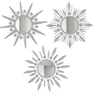 Silver Mirrors Wall Decor Metal Sunburst Mirror Wall Art Decorative Mirror Home Decoration Rhinestone Small Wall Mirror for Living Room Bedroom Bathroom Entryway Set of 3