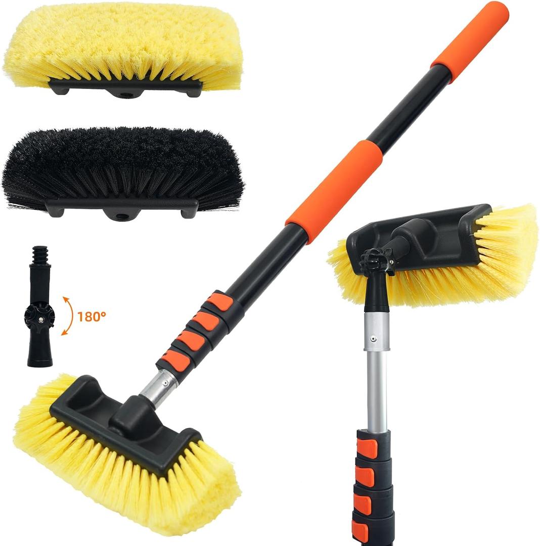 12FT Car Wash Brush with Long Handle, Car Cleaning Brush with 12" Soft Bristle and 12" Hard Bristle, 3-12Ft Telescopic Pole for Scratch-Free Cleaning Truck,RV, Boats,House Siding,Floors,Solar Panels