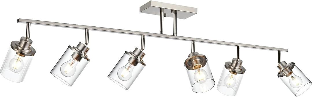 Yaohong 6-Light Track Lighting Kit Brushed Nickel Track Lighting Fixtures, Bathroom Wall Light Ceiling Mount Rotatable Spotlights, Kitchen Ceiling Light Fixtures with Glass Shade for Bathroom Hallway