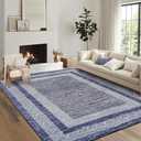 GarveeHome Modern Geometric Area Rug 4x6 Distressed Bordered Washable Non Slip Floor Carpet Non Shedding Thin Soft Low Pile Contemporary Navy Blue Rug for Dining Room, Living Room