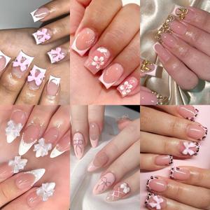6 Packs (144 Pcs) | Reusable Press on Nails | Stick on Nails 12 Sizes-6 Styles | Cute Bow Nails