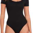 LIZENS Body Suits for Womens Tummy Control Short Sleeve Scoop Neck Ribbed Casual Stretchy Basic T Shirt Bodysuit Tops (Black, XS)
