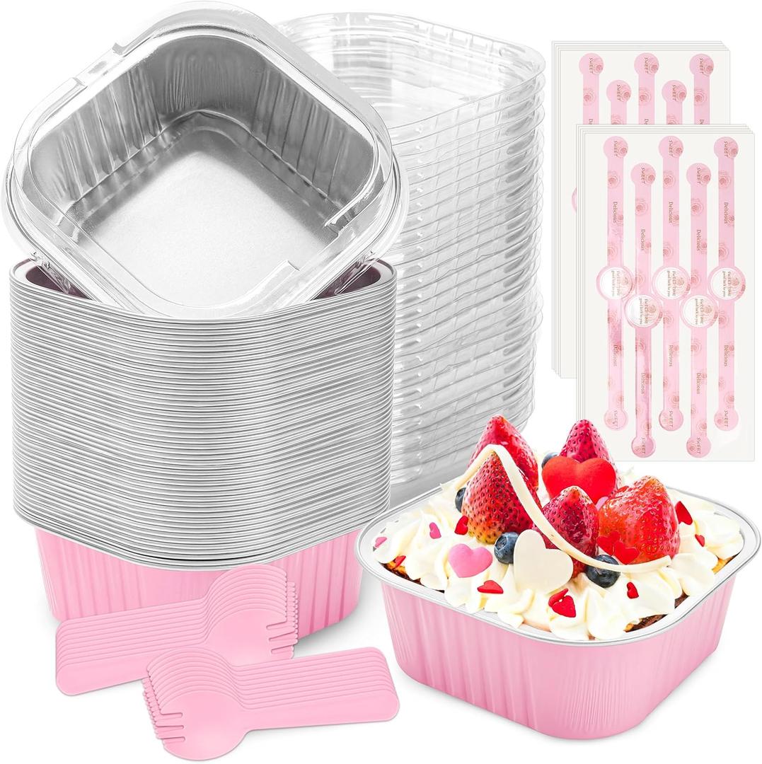 NPLUX 60 Pack Mini Cake Pans with Lids, Mini Aluminum Pans, Disposable Loaf Pans Cupcake Liners with Lids for Pudding, Souffle, Party, Wedding (Pink, 10 oz)