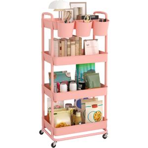 JIUYOTREE 4Tier Plastic Rolling Storage Cart Utility Cart with Extra Hanging Cups Handles Lockable Wheels for Living Room Bathroom Kitchen Office Pink