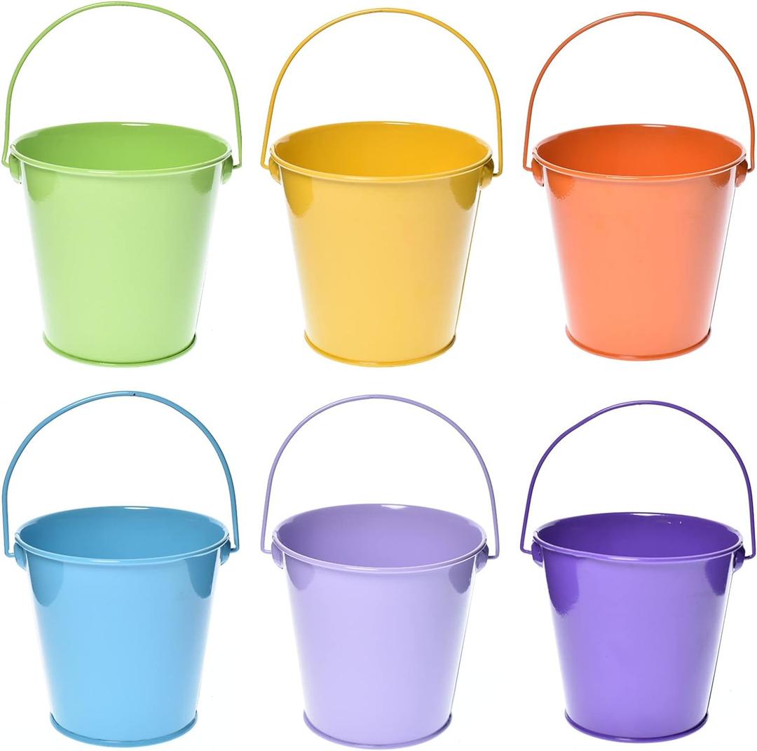 Small Metal Buckets with Handle - 6 Pack Colored Galvanized Bucket for Kids, Classroom, Crafts, and Party Favors (Multi-Colored, 4.3" Top)