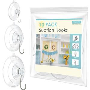 RELBRO Suction Cup Hooks, Multi Size Suction Cups with Metal Hooks, Removable and Reusable, 4 Large, 4 Medium, 2 Small, Clear, 10 Pcs