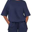 ANRABESS Two Piece Outfits Oversized Top Lounge Shorts Matching Sets 2025 Summer Fashion Sweatsuits Travel Airport Clothes Navy Blue Medium