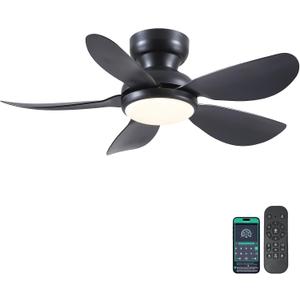 36 Inch Modern Ceiling Fans with Lights, Small Flush Mount Ceiling Fan with Light and Remote/APP Control, 5 Reversible 6 Speeds Curved Blades, 3 CCT Dimmable Lights for Bedroom, Black