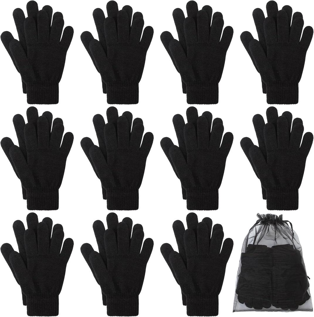 Cooraby 12 Pairs Winter Magic Gloves Stretchy Warm Knit Gloves with Mesh Storage Bag for Men or Women (Medium, Black)