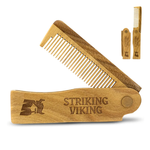 Striking Viking Folding Wooden Comb for Men - Sandalwood Switchblade Beard Comb for Grooming and Styling - Use Dry or With Oils & Balms