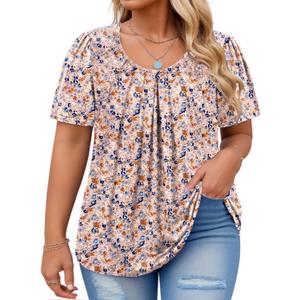 VISLILY Womens-Plus-Size-Summer-Tops Flowy Pleated T Shirts Crew Neck Short Sleeve Blouses Casual Loose Tunics Tee 4 XL 