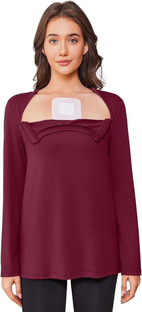 Deyeek Chemo Shirts for Women with Dialysis Port Access 2 Side Zippers Long Sleeve Shoulder Post Surgery Shirt (M)